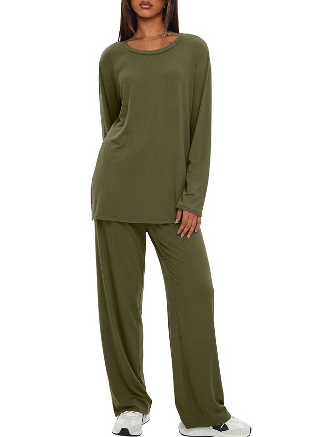 Darong Women's 2 Piece Lounge Set Casual Long Sleeve Crew Neck Tops Wide Leg Pants Travel Airport Outfit Matching Sets, Army Green(regular), L - Image 4