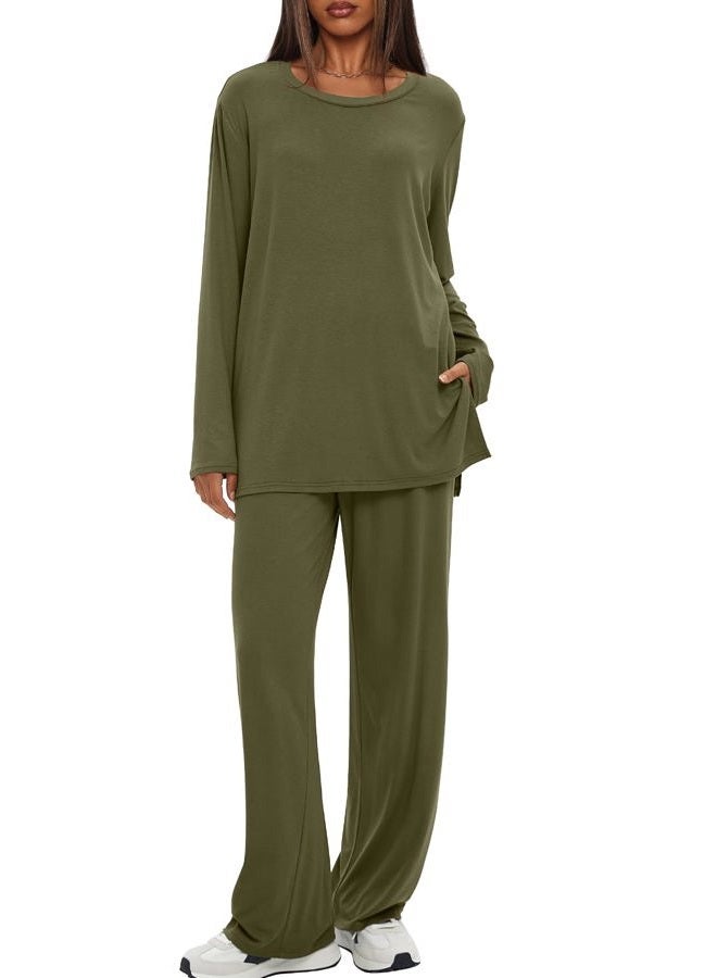 Darong Women's 2 Piece Lounge Set Casual Long Sleeve Crew Neck Tops Wide Leg Pants Travel Airport Outfit Matching Sets, Army Green(regular), L - Image 1