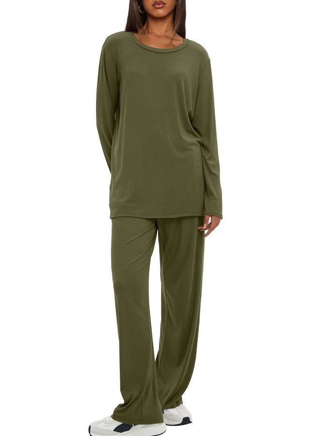 Darong Women's 2 Piece Lounge Set Casual Long Sleeve Crew Neck Tops Wide Leg Pants Travel Airport Outfit Matching Sets, Army Green(regular), L - Image 5