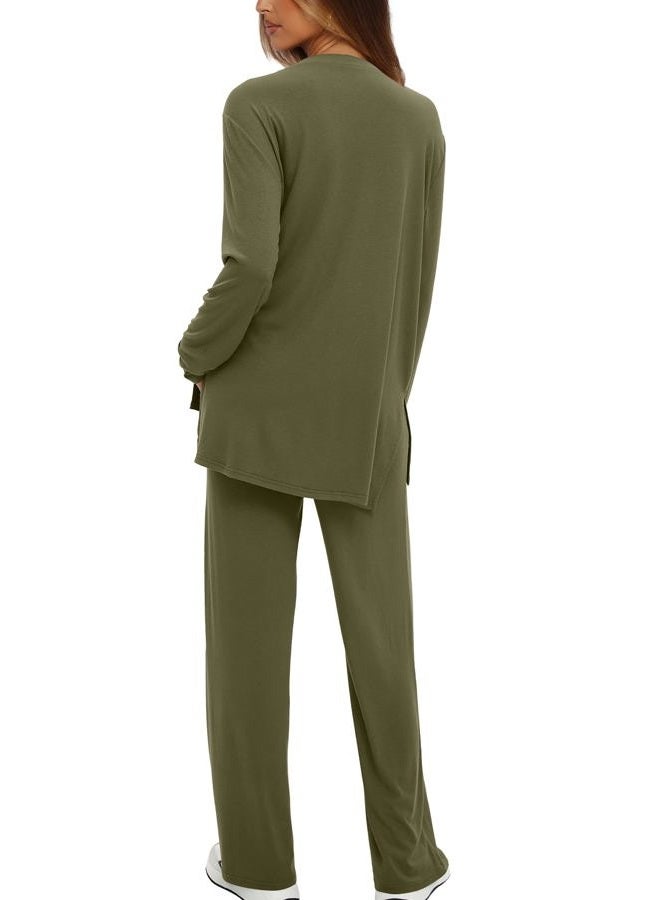 Darong Women's 2 Piece Lounge Set Casual Long Sleeve Crew Neck Tops Wide Leg Pants Travel Airport Outfit Matching Sets, Army Green(regular), L - Image 2