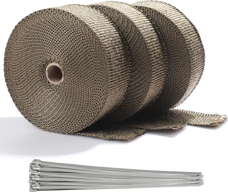 ARTR 2" x 50' Titanium Exhaust Header Heat Wrap 3 Rolls with 30PCS 11.8 Inch Stainless Steel Locking Ties - Image 1