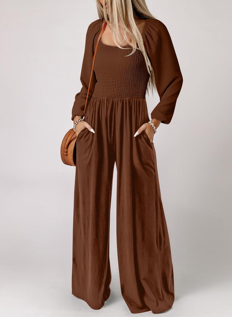 Dokotoo Womens Plus Size Brown Jumpsuits for Women Overalls Loose Casual Wide Leg One Piece Long Sleeve Solid Jumpsuit Long Pant Rompers with Pockets X-Large - Image 2