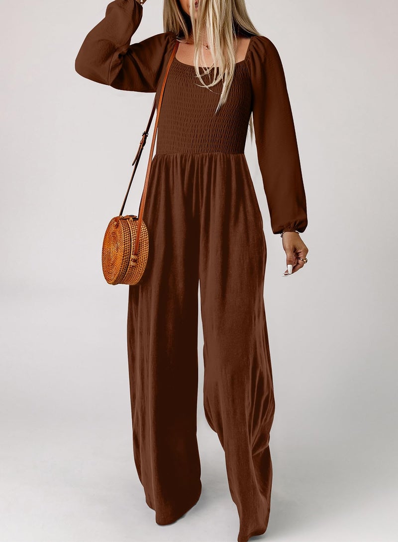 Dokotoo Womens Plus Size Brown Jumpsuits for Women Overalls Loose Casual Wide Leg One Piece Long Sleeve Solid Jumpsuit Long Pant Rompers with Pockets X-Large - Image 4