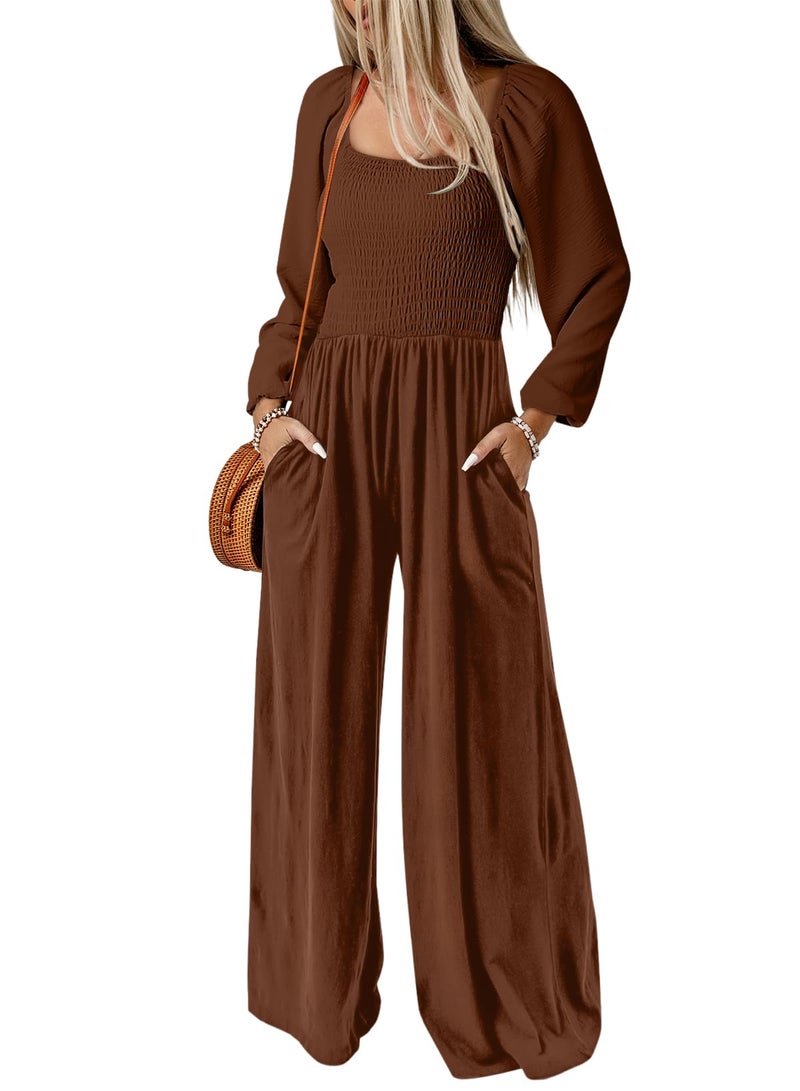Dokotoo Womens Plus Size Brown Jumpsuits for Women Overalls Loose Casual Wide Leg One Piece Long Sleeve Solid Jumpsuit Long Pant Rompers with Pockets X-Large - Image 1