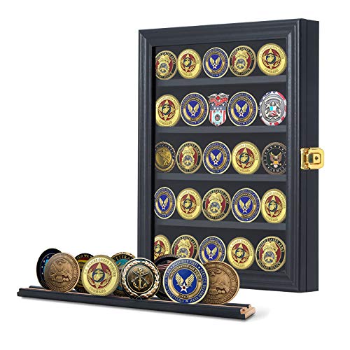 Jinchuan Military Challenge Coin Display Case Lockable Cabinet Rack Holder Shadow Box with Removable 2 Grooves Shelves and Anti Dust Door for Casino Poker Chips Collectibles, Small - Black - Image 1