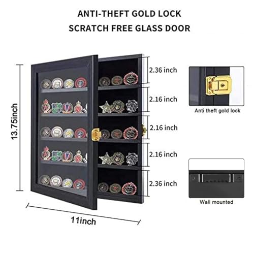 Jinchuan Military Challenge Coin Display Case Lockable Cabinet Rack Holder Shadow Box with Removable 2 Grooves Shelves and Anti Dust Door for Casino Poker Chips Collectibles, Small - Black - Image 2
