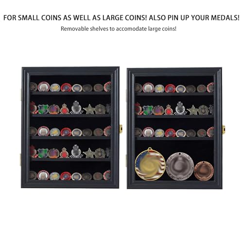 Jinchuan Military Challenge Coin Display Case Lockable Cabinet Rack Holder Shadow Box with Removable 2 Grooves Shelves and Anti Dust Door for Casino Poker Chips Collectibles, Small - Black - Image 4