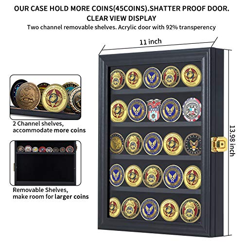 Jinchuan Military Challenge Coin Display Case Lockable Cabinet Rack Holder Shadow Box with Removable 2 Grooves Shelves and Anti Dust Door for Casino Poker Chips Collectibles, Small - Black - Image 3