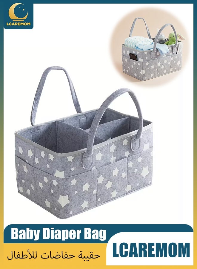 LCAREMOM Baby Felt Diaper Bag, Large Capacity Diaper Caddy Organizer, Portable Foldable Storage Bag with Removable Dividers Portable Nursery Storage Basket for Diapers Wipes Clothes Travel Home Grey Star - Image 1
