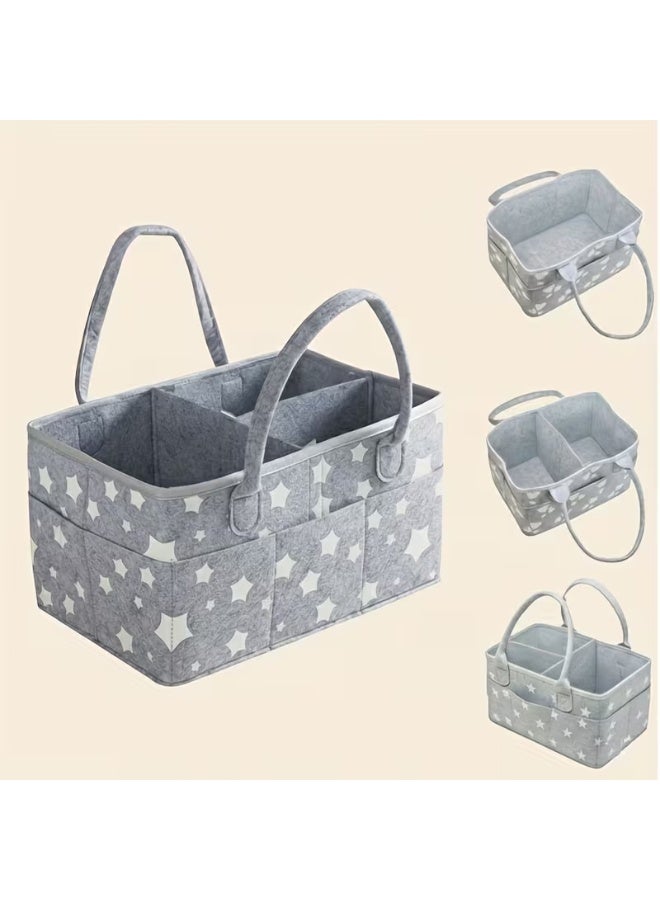 LCAREMOM Baby Felt Diaper Bag, Large Capacity Diaper Caddy Organizer, Portable Foldable Storage Bag with Removable Dividers Portable Nursery Storage Basket for Diapers Wipes Clothes Travel Home Grey Star - Image 3