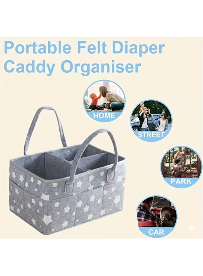 LCAREMOM Baby Felt Diaper Bag, Large Capacity Diaper Caddy Organizer, Portable Foldable Storage Bag with Removable Dividers Portable Nursery Storage Basket for Diapers Wipes Clothes Travel Home Grey Star - Image 2