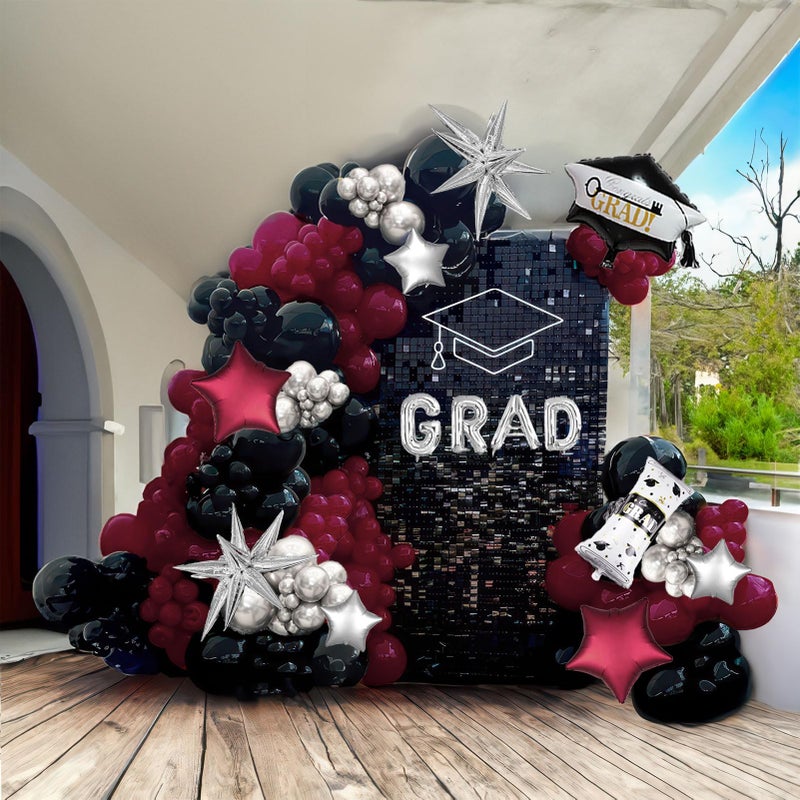 yeewaka Black Maroon and Silver Balloon Garland Arch Kit 130 Pieces with Maroon and Silver Stars Graduation Certificate Graduation Cap GRAD Letters Mylar Balloons for 2026 Graduation Prom Decorations - Image 2
