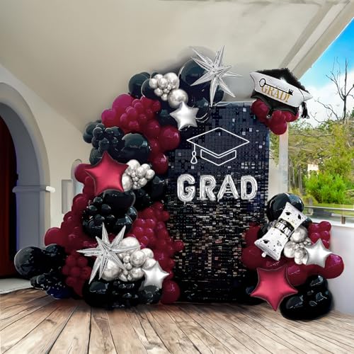 yeewaka Black Maroon and Silver Balloon Garland Arch Kit 130 Pieces with Maroon and Silver Stars Graduation Certificate Graduation Cap GRAD Letters Mylar Balloons for 2026 Graduation Prom Decorations - Image 1
