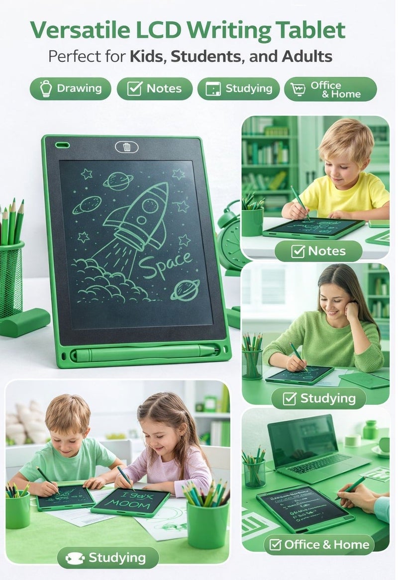 Fikriyah | Green 8.5 Inch LCD Writing Tablet | Reusable Digital Drawing Pad with Stylus and Erase Button, Portable Writing Board for Kids & Adults - Image 3