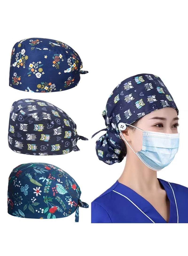 Generic 3 Pack Working Caps with Buttons and Sweatband Cotton Printed Bouffant Hats Adjustable Elastic Tie Back Hats for Women and Men Breathable Scrub Cap  - Image 1