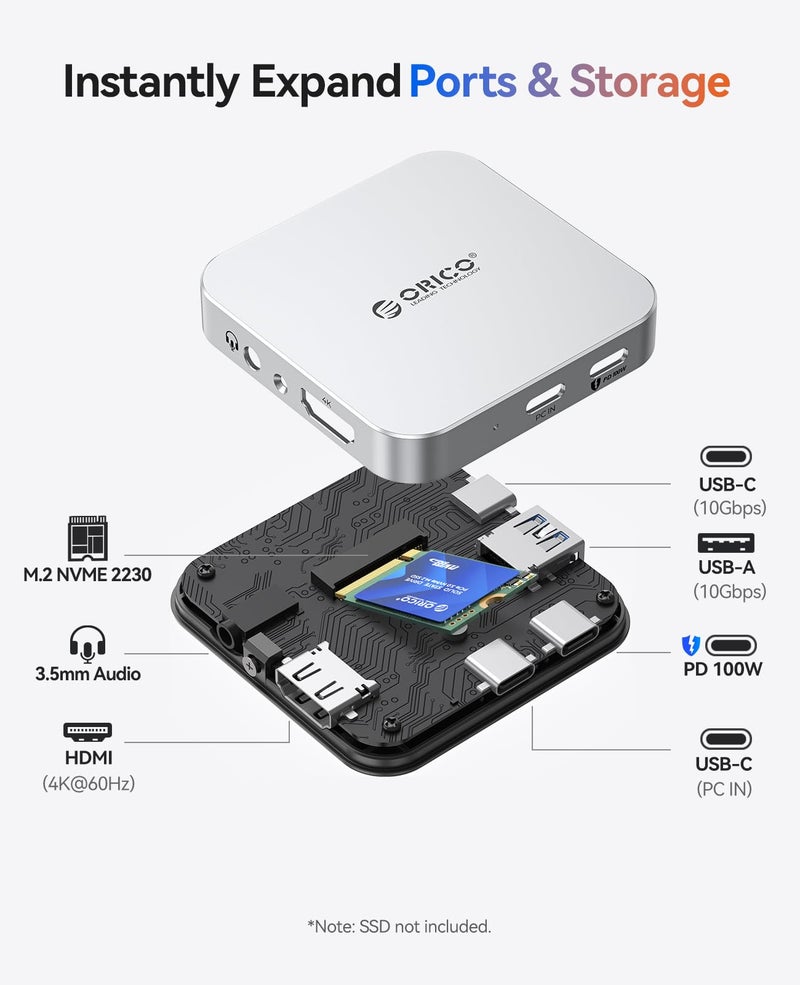 Orico محطة إرساء مغناطيسية ORICO M.2 بسرعة 10Gbps، 6 في 1 USB C HUB وحاوية M.2 2230 NVMe مع HDMI 4K@60Hz، USB-A&C 3.2، 100W PD، AUX، محطة USBC لجهاز iPhone 17/16/15 Pro/Pro Max - Image 2