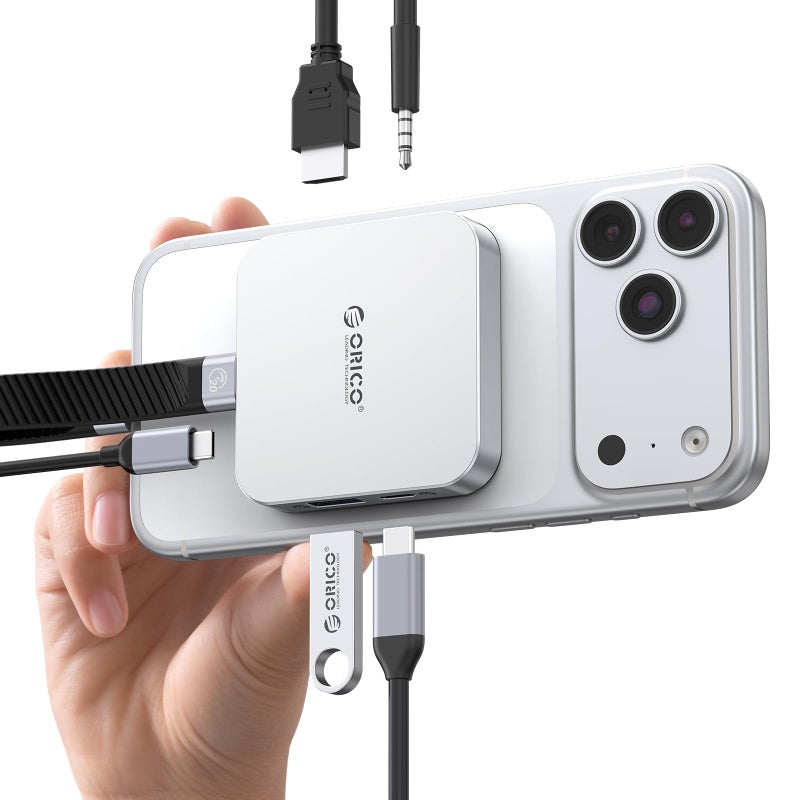 Orico محطة إرساء مغناطيسية ORICO M.2 بسرعة 10Gbps، 6 في 1 USB C HUB وحاوية M.2 2230 NVMe مع HDMI 4K@60Hz، USB-A&C 3.2، 100W PD، AUX، محطة USBC لجهاز iPhone 17/16/15 Pro/Pro Max - Image 1