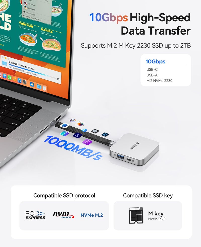 Orico محطة إرساء مغناطيسية ORICO M.2 بسرعة 10Gbps، 6 في 1 USB C HUB وحاوية M.2 2230 NVMe مع HDMI 4K@60Hz، USB-A&C 3.2، 100W PD، AUX، محطة USBC لجهاز iPhone 17/16/15 Pro/Pro Max - Image 5
