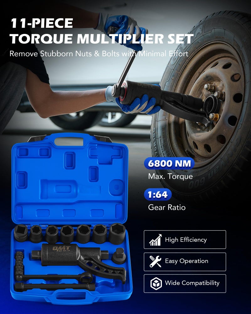 Orion Motor Tech Torque Multiplier, 11pc 1" Drive Heavy Duty Torque Multiplier Wrench Set with 8 Cr-V Sockets 21-38mm, 6800 Nm 1:64 Labor Saving Lug Nut Remover for Semi Trucks RVs Buses - Image 2