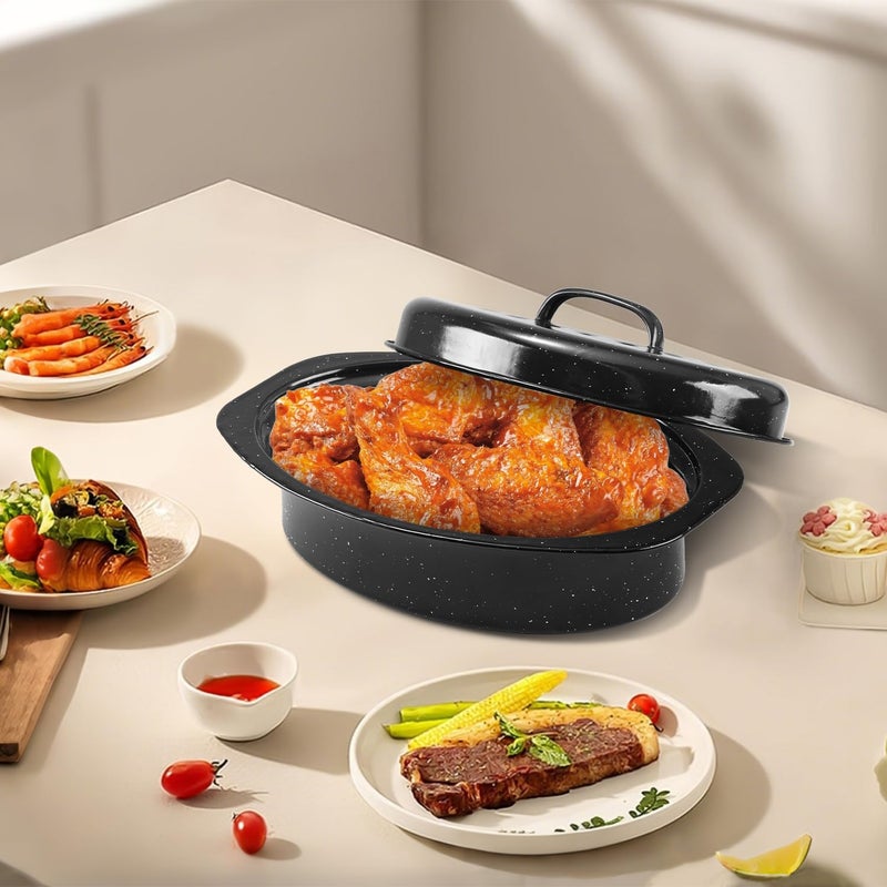 DIMESHY 13Inch Roasting Pan, Enamel on Steel, Black Covered Oval Roaster Pan with Lid, Small Cookware for Turkey, Small Chicken, Roast Baking Pan. - Image 2