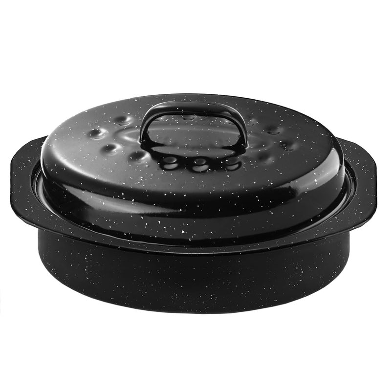 DIMESHY 13Inch Roasting Pan, Enamel on Steel, Black Covered Oval Roaster Pan with Lid, Small Cookware for Turkey, Small Chicken, Roast Baking Pan. - Image 1