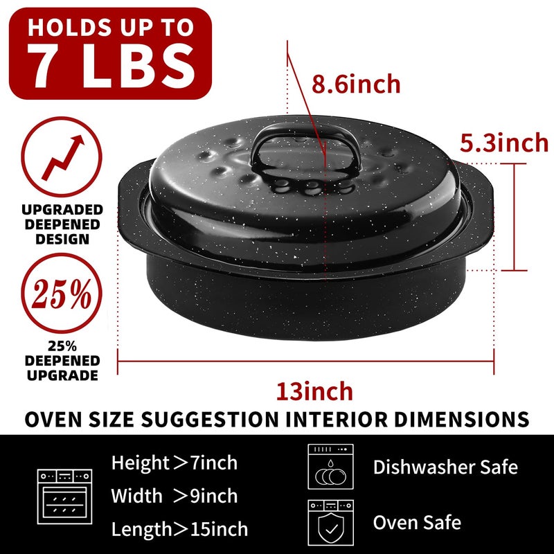 DIMESHY 13Inch Roasting Pan, Enamel on Steel, Black Covered Oval Roaster Pan with Lid, Small Cookware for Turkey, Small Chicken, Roast Baking Pan. - Image 4