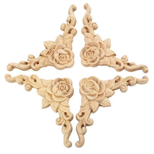 MUXSAM 4Pcs Wood Appliques & Onlays for Furniture, 3.15" x 3.15"(8x8cm), Handmade Carved Unpainted Corner Decoration for Home Wall Door Bed Cabinet Cupboard Funiture Door Cabinet Retro Rose Pattern - Image 1