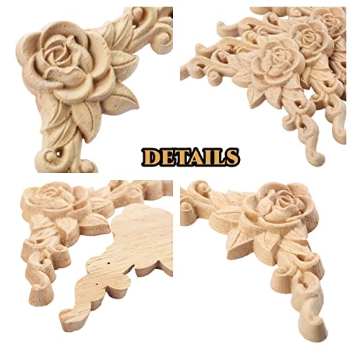 MUXSAM 4Pcs Wood Appliques & Onlays for Furniture, 3.15" x 3.15"(8x8cm), Handmade Carved Unpainted Corner Decoration for Home Wall Door Bed Cabinet Cupboard Funiture Door Cabinet Retro Rose Pattern - Image 4