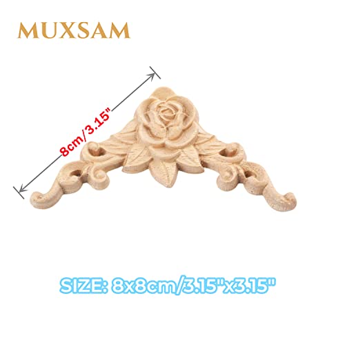 MUXSAM 4Pcs Wood Appliques & Onlays for Furniture, 3.15" x 3.15"(8x8cm), Handmade Carved Unpainted Corner Decoration for Home Wall Door Bed Cabinet Cupboard Funiture Door Cabinet Retro Rose Pattern - Image 2
