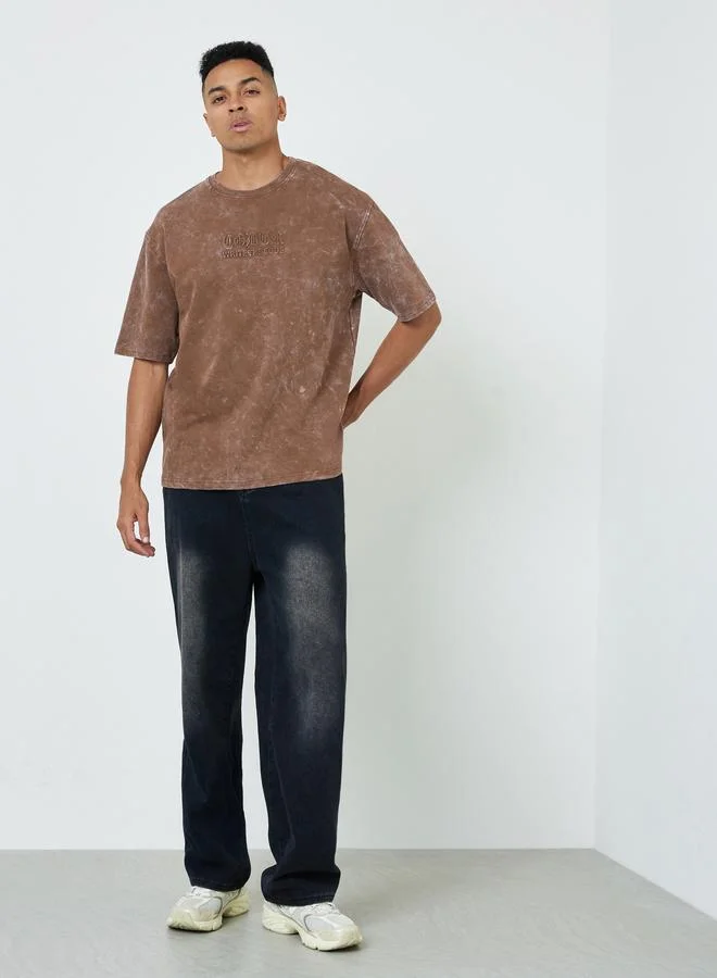 Styli Men Acid Wash Oversized Terry T-Shirt with Embossed Print