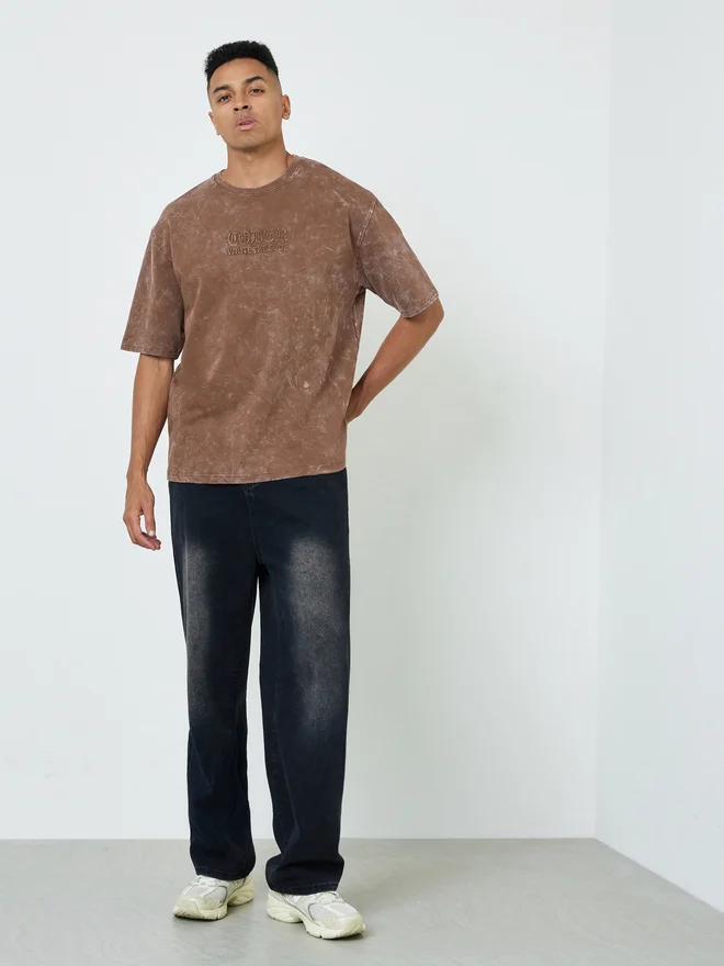 Styli Styli Men Acid Wash Oversized Terry T-Shirt with Embossed Print