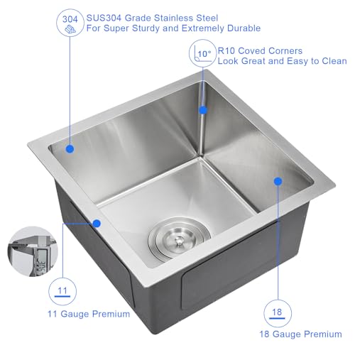MENATT 15 x 15 Inch Undermount Bar Sink, Single Bowl Handmade Stainless Steel Small Kitchen Bar Sink, 15" x 15" x 8" - Image 4