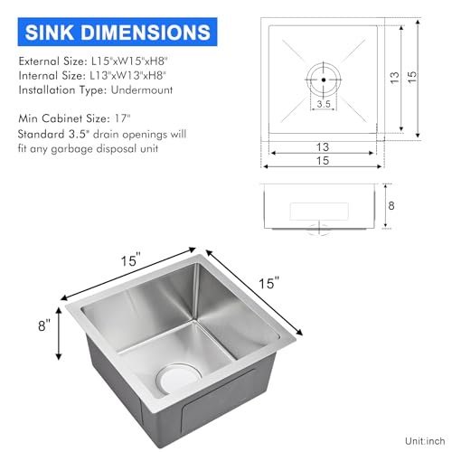 MENATT 15 x 15 Inch Undermount Bar Sink, Single Bowl Handmade Stainless Steel Small Kitchen Bar Sink, 15" x 15" x 8" - Image 3