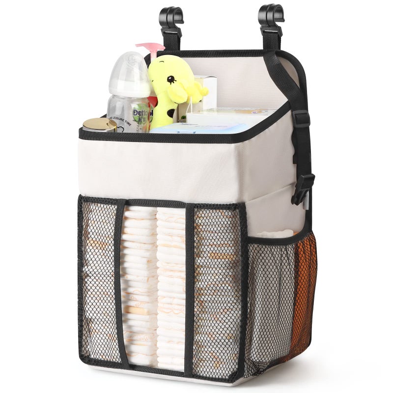 Maliton Hanging Diaper Organizer - Caddy for Changing Table, Crib, Pack n' Play - Stacker Holds 52+ Diapers - Nursery Organizer & Baby Shower Gifts - Beige - Image 1