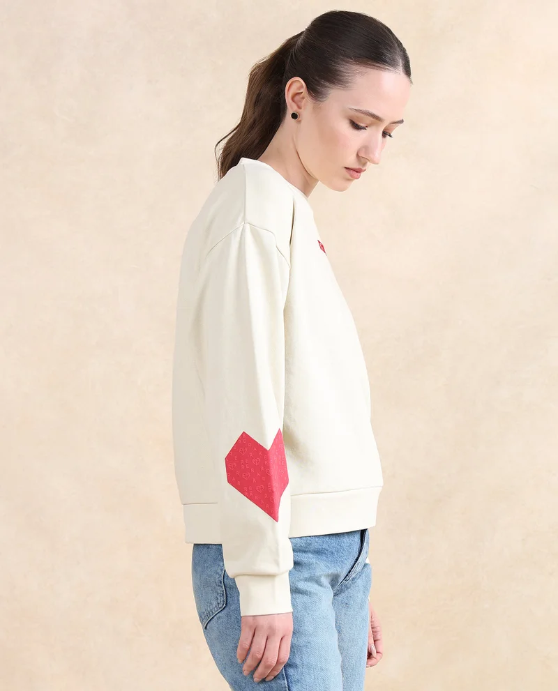 Rareism Rareism Women Flar Light Beige Cotton Blend Fabric Full Sleeve Crew Neck Relaxed Fit Graphic Print Sweatshirt