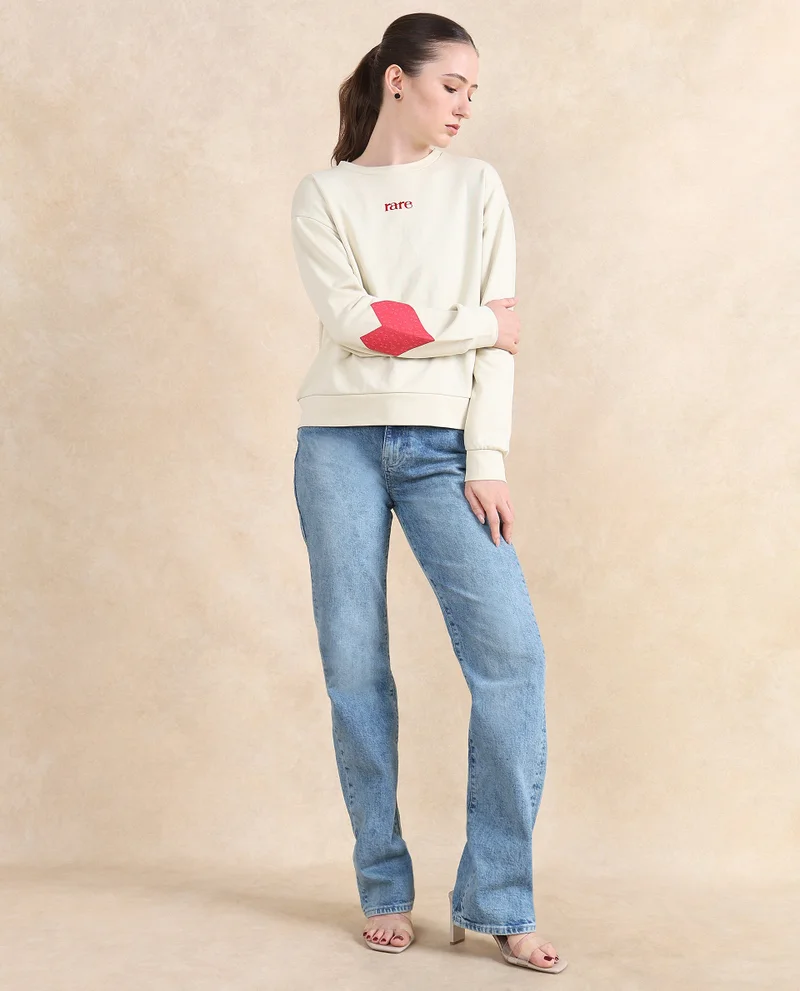 Rareism Rareism Women Flar Light Beige Cotton Blend Fabric Full Sleeve Crew Neck Relaxed Fit Graphic Print Sweatshirt