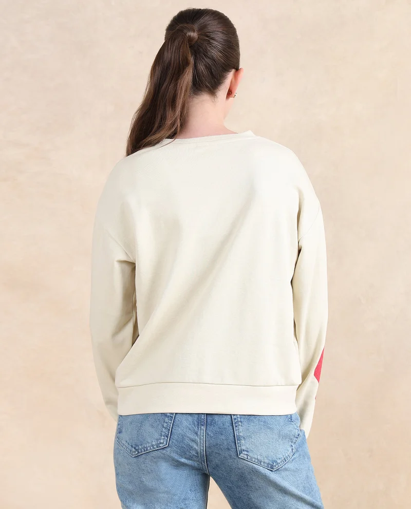 Rareism Rareism Women Flar Light Beige Cotton Blend Fabric Full Sleeve Crew Neck Relaxed Fit Graphic Print Sweatshirt