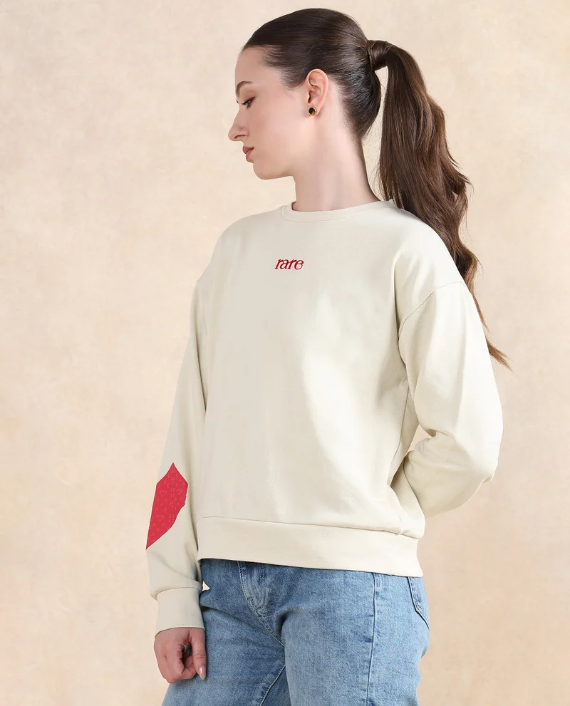 Rareism Rareism Women Flar Light Beige Cotton Blend Fabric Full Sleeve Crew Neck Relaxed Fit Graphic Print Sweatshirt