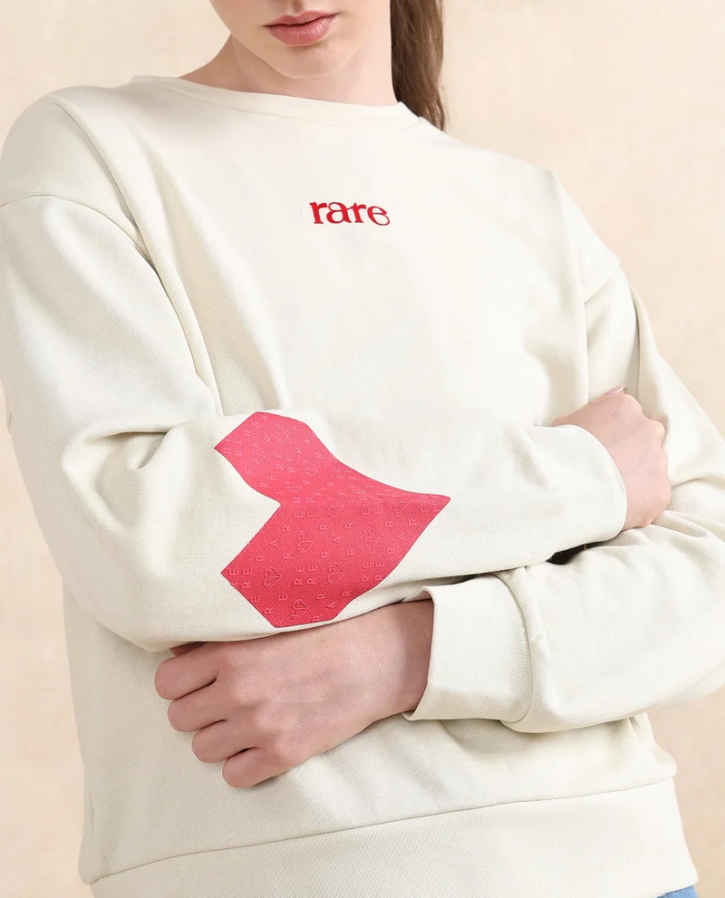Rareism Rareism Women Flar Light Beige Cotton Blend Fabric Full Sleeve Crew Neck Relaxed Fit Graphic Print Sweatshirt