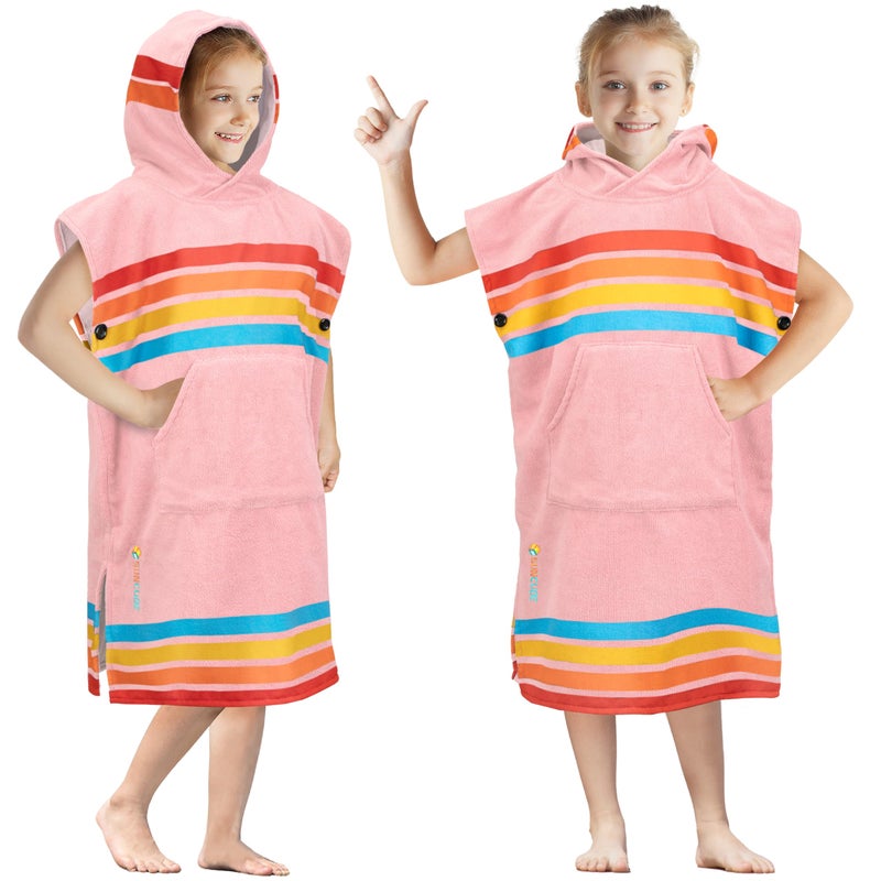 Suncube SUN CUBE Kids Changing Robe Surf Poncho, Kids Beach Towels, Hooded Towel for Toddler Bath Pool, Microfiber Quick Dry Wearable Towel Poncho with Hood, Swim Towel for Boys Girls 3-7 Years, Sunset Pink - Image 1