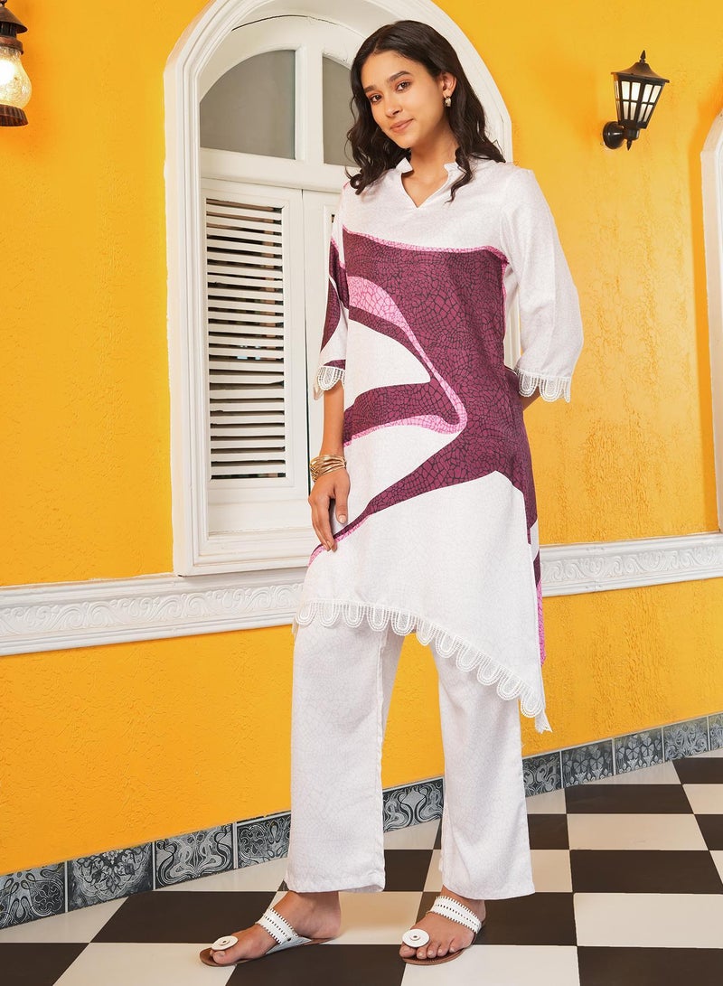 QISSA Women's Daisy White & Plum Purple Flowing Petalia Kurta Set - Image 3