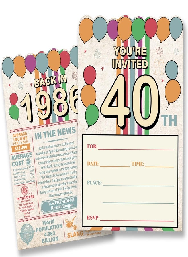 Nurawo 40th Birthday Party Invitations for Women Men, Back in 1986 Invites, Vintage 40 Year Old Birthday Invitations, 20 Fill-in-the-Blank Invites with Envelopes - Image 1