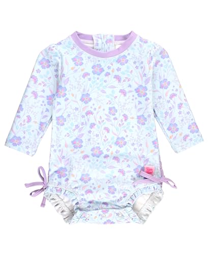 RuffleButts Baby Girls UPF 50 Sun Protection Floral Printed Long Sleeve One Piece Rash Guard Swimsuit with Zipper Fairytale Garden 612m - Image 1