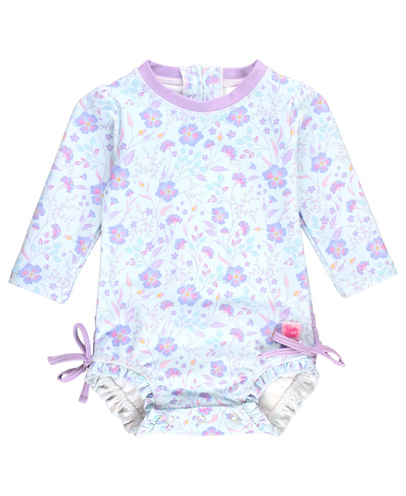 RuffleButts Baby Girls UPF 50 Sun Protection Floral Printed Long Sleeve One Piece Rash Guard Swimsuit with Zipper Fairytale Garden 612m - Image 2