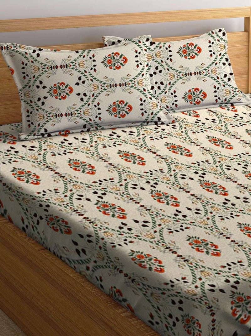 LOOMLYFE 300 TC Cotton Feel Glace Cotton Elastic Fitted Printed King Size Double Bed Bedsheet with 2 Pillow Covers Fits Upto 8 inches Mattress Size 72X78 Inches BeigeJaipuri - Image 3