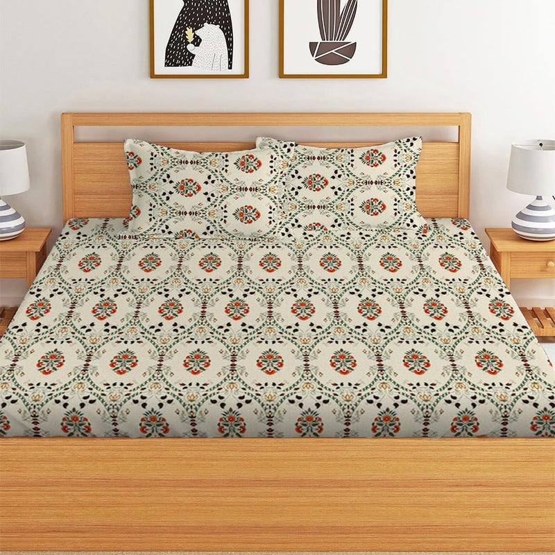 LOOMLYFE 300 TC Cotton Feel Glace Cotton Elastic Fitted Printed King Size Double Bed Bedsheet with 2 Pillow Covers Fits Upto 8 inches Mattress Size 72X78 Inches BeigeJaipuri - Image 2