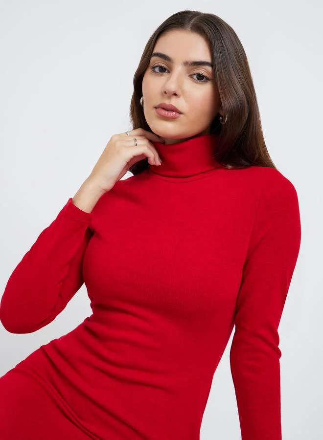 Styli Styli Red Turtle Neck Sweater Midi Dress