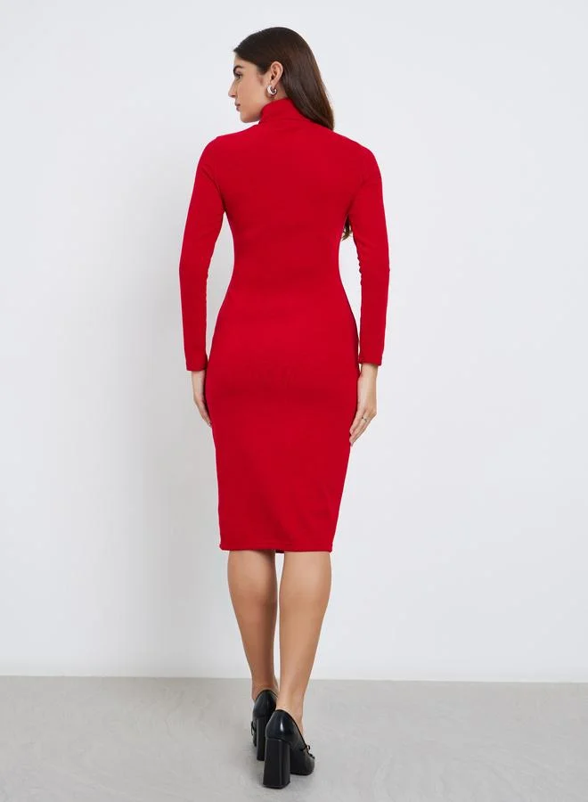 Styli Styli Red Turtle Neck Sweater Midi Dress