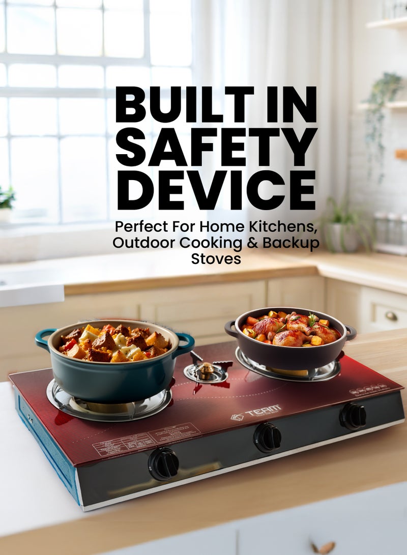 Team 3 Burner Glass Top Gas Stove | Automatic Ignition | Tempered Glass Cooktop | Heavy‑Duty Cast Iron Burners | Energy‑Saving Gas Stove for Home Kitchen - Image 2