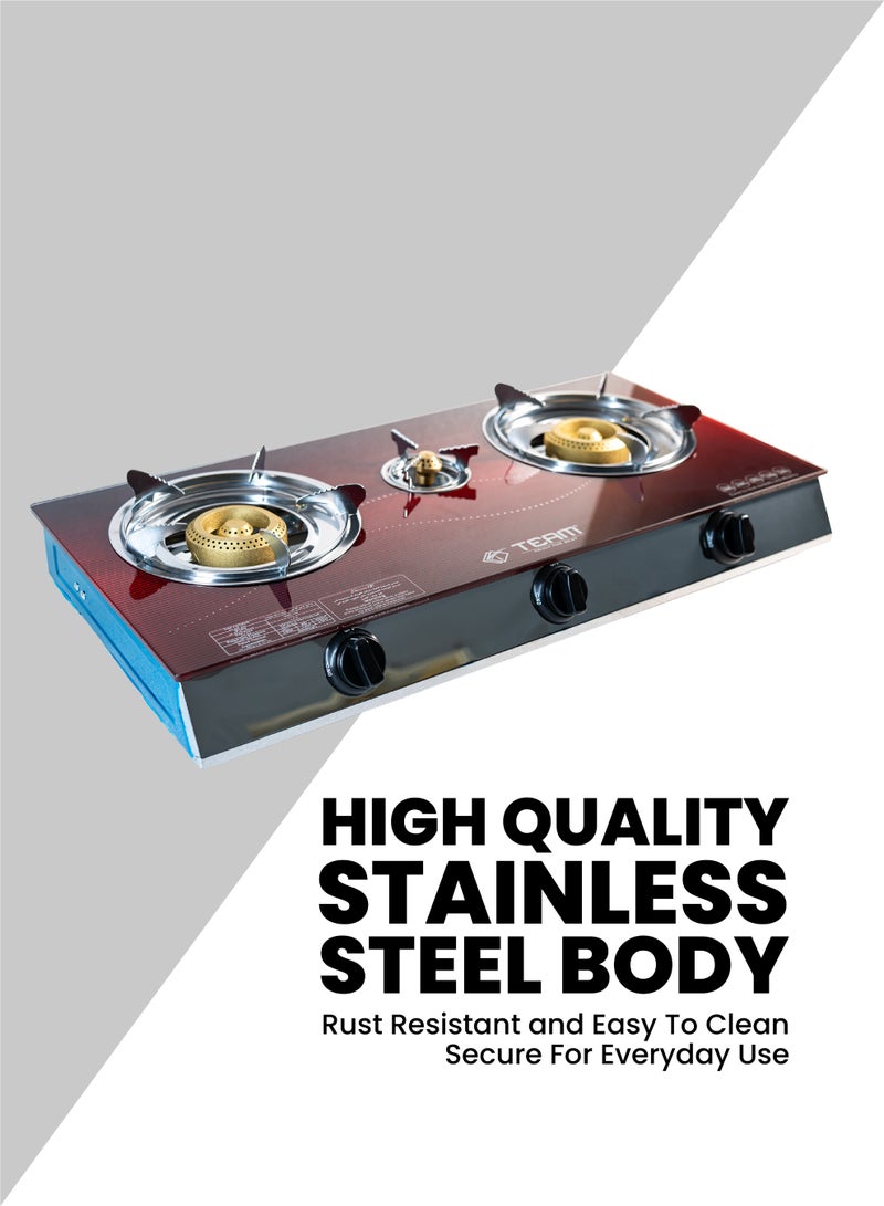 Team 3 Burner Glass Top Gas Stove | Automatic Ignition | Tempered Glass Cooktop | Heavy‑Duty Cast Iron Burners | Energy‑Saving Gas Stove for Home Kitchen - Image 3